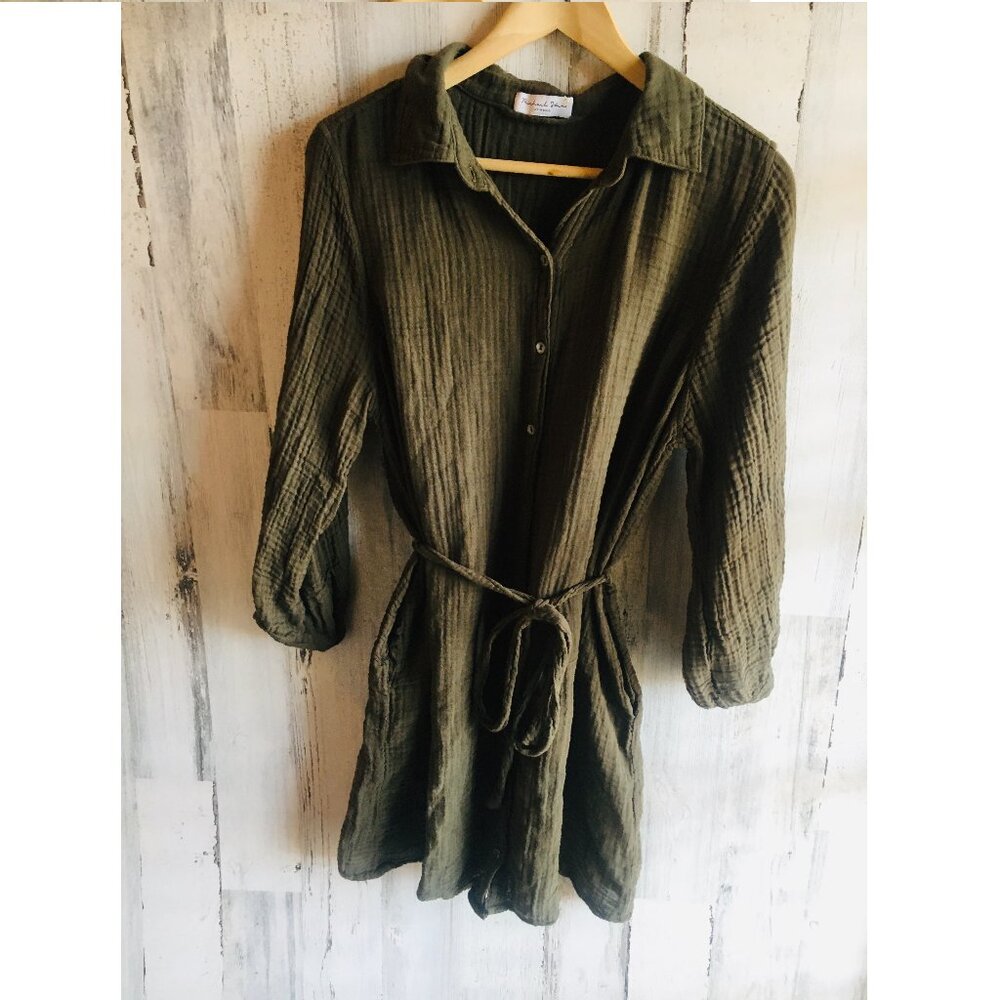 NWOT Michael Stars Buttondown Shirt Dress Double Gauze Olive Green Belted M
